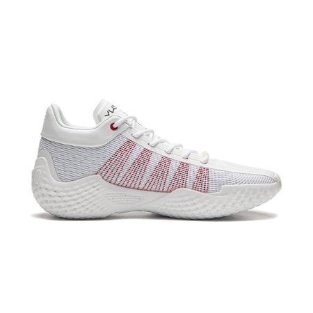 Men's basketball shoes, white upper with red grid pattern and thick textured sole