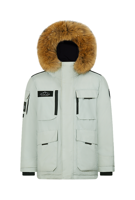Light mint winter down jacket with faux-fur hood, zip front, and flap pockets