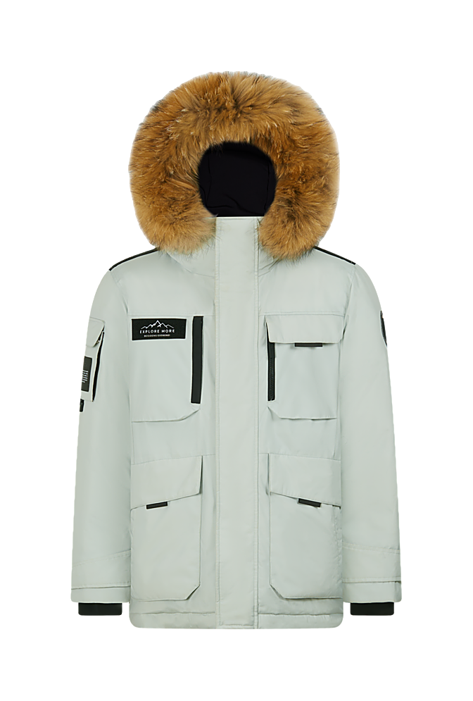 Light mint winter down jacket with faux-fur hood, zip front, and flap pockets