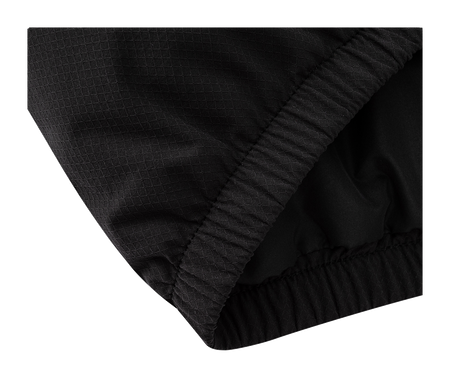 Black puffer down jacket quilted shoulder and ribbed hem trim, close-up