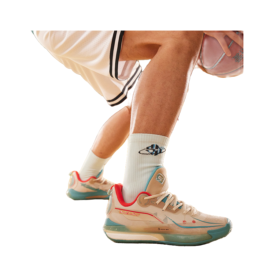 Unisex basketball shoe worn with white socks; oat beige and teal colorway visible
