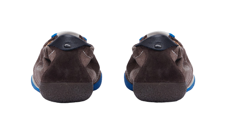 Low-top sneakers heel view, brown fabric uppers with blue trim along the edges