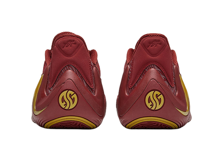 Men's low-top basketball shoes, burgundy heels with yellow side panels and logo