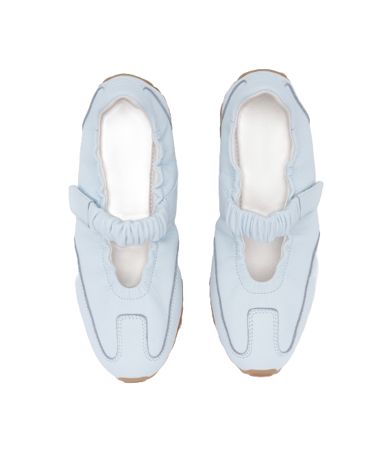 Pair of light sky blue Mary Jane low-top sneakers with elastic cuff and toe opening
