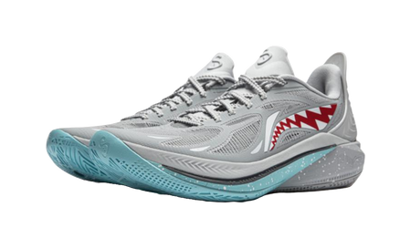 Gray basketball shoes with red shark-tooth side graphic and teal trim, lace-up