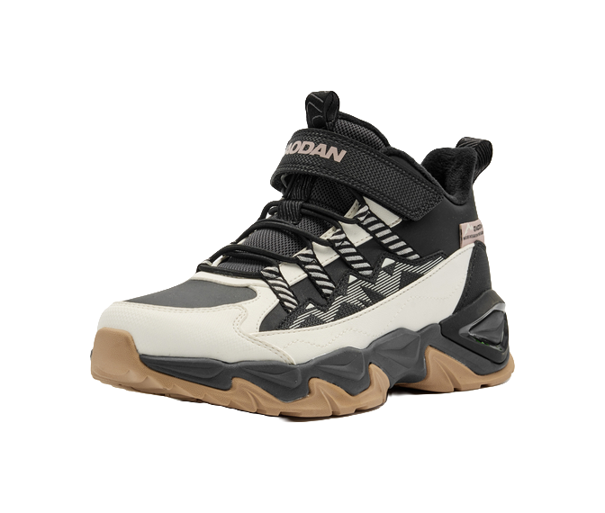 Jordan synthetic leather fabric for peak hiking with added fleece, anti slip, wear-resistant, waterproof, and warm middle cut children's outdoor shoes in black/ivory white for both men and women  VJSNEAKER