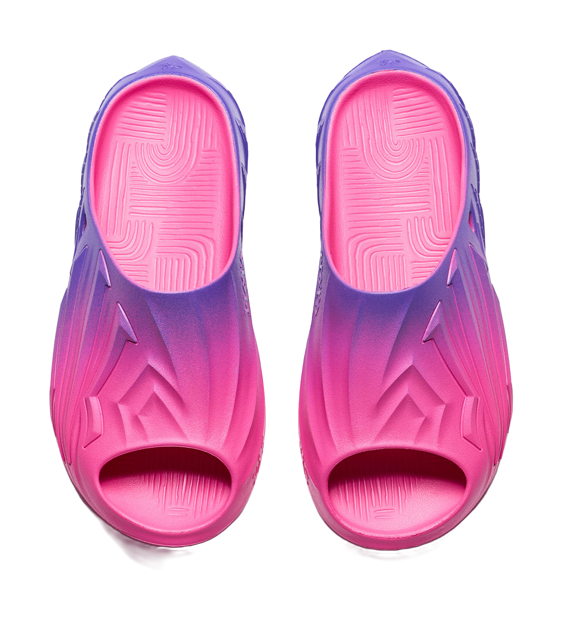 Unisex slide sandal outsole view with pink inner tread and purple outer tread