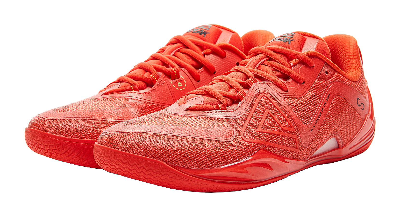 Orange-red lace-up basketball shoes pair, three-quarter view with mesh-textured panels.