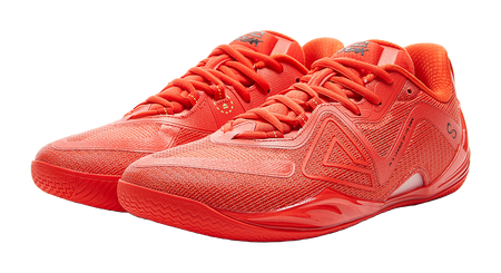 Orange-red lace-up basketball shoes pair, three-quarter view with mesh-textured panels.