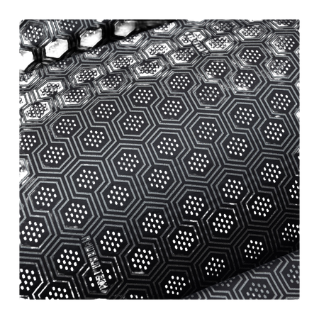 Down jacket inner lining with repeating dark geometric hexagon pattern