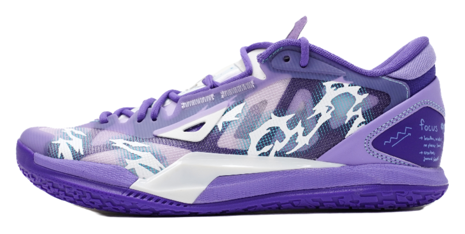 Low-top basketball sneakers with purple laces and patterned white-and-lavender upper