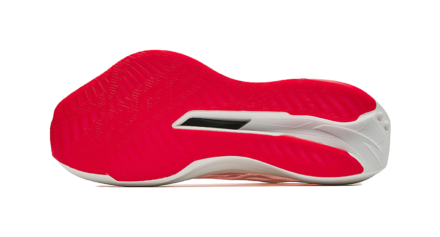 Red outsole running shoe with white midsole and side ventilation panel.