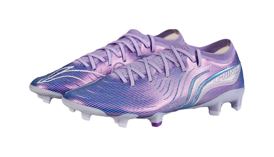 Li-Ning soccer cleat angled top view, blue-violet textured upper with teal swoosh