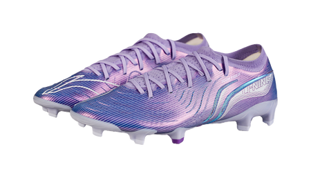 Li-Ning soccer cleat angled top view, blue-violet textured upper with teal swoosh