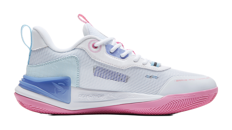 White, light blue, and pink basketball shoes with lace-up front and side support panel.