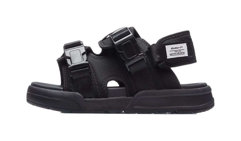 Men's black sport sandals with adjustable hook-and-loop straps and buckle heel
