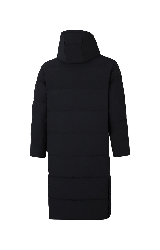 Black hooded puffer down jacket, back view with full-length zip closure and padded insulation.