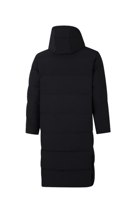 Black hooded puffer down jacket, back view with full-length zip closure and padded insulation.