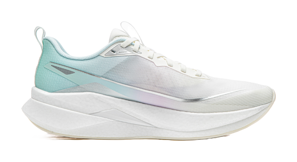 Li-Ning Red Hare 9 Pro running shoe, side view in white with light blue and purple