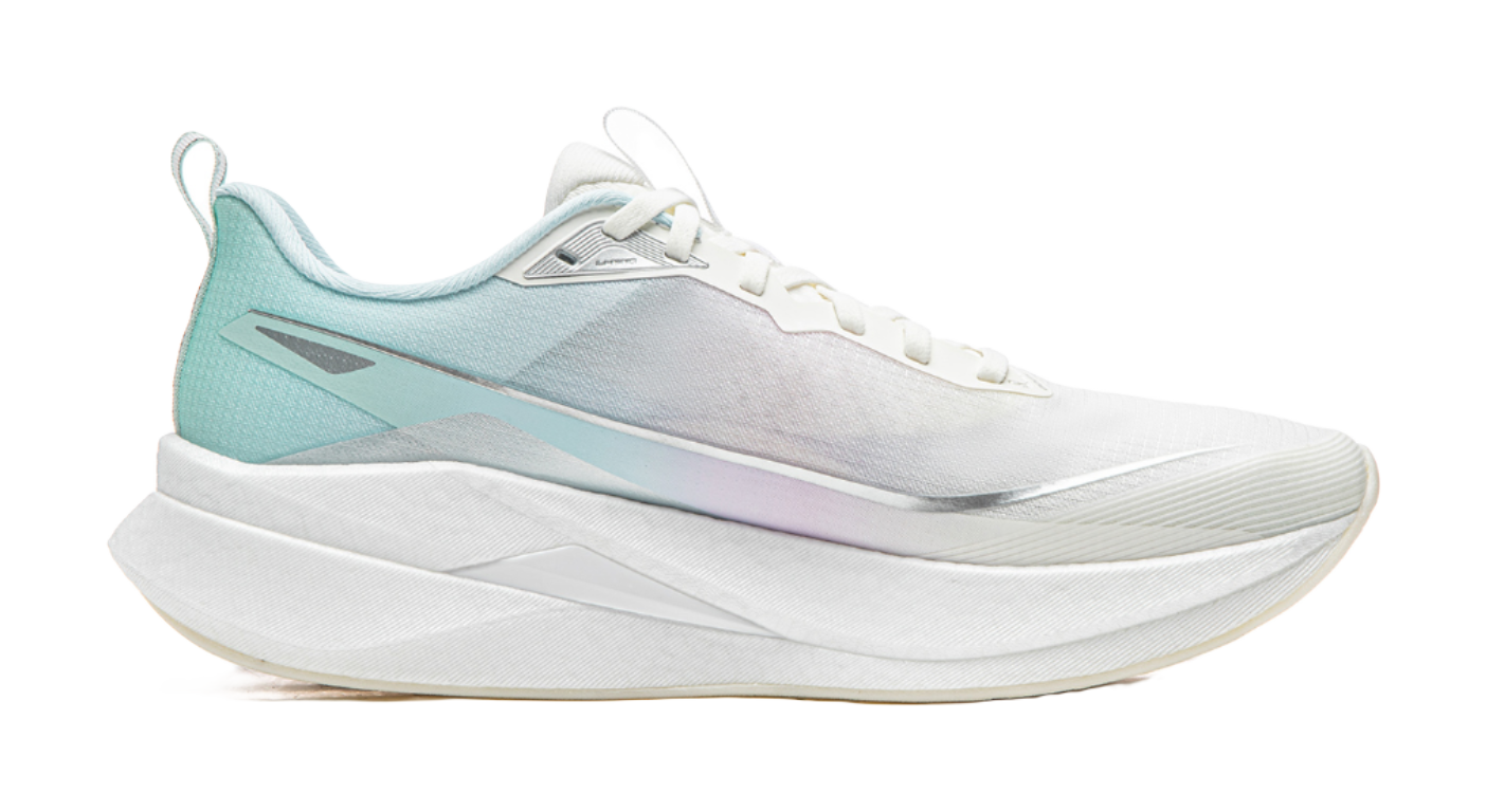 Li-Ning Red Hare 9 Pro running shoe, side view in white with light blue and purple
