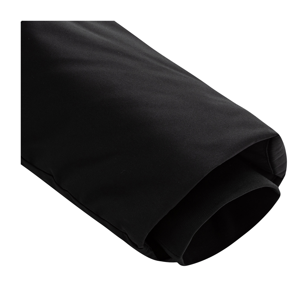 Black down jacket hooded fabric section with cuff and interior seam