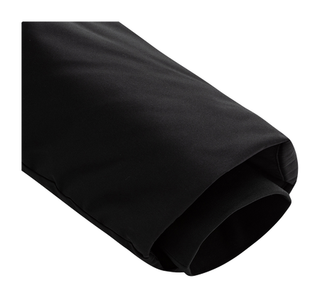 Black down jacket hooded fabric section with cuff and interior seam