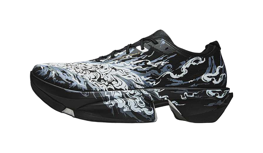 Anta low running shoe, black with white/gray swirl graphic and lace-up closure