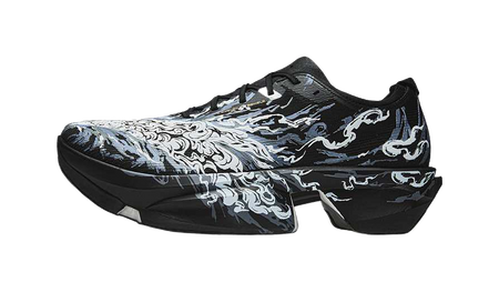Anta low running shoe, black with white/gray swirl graphic and lace-up closure