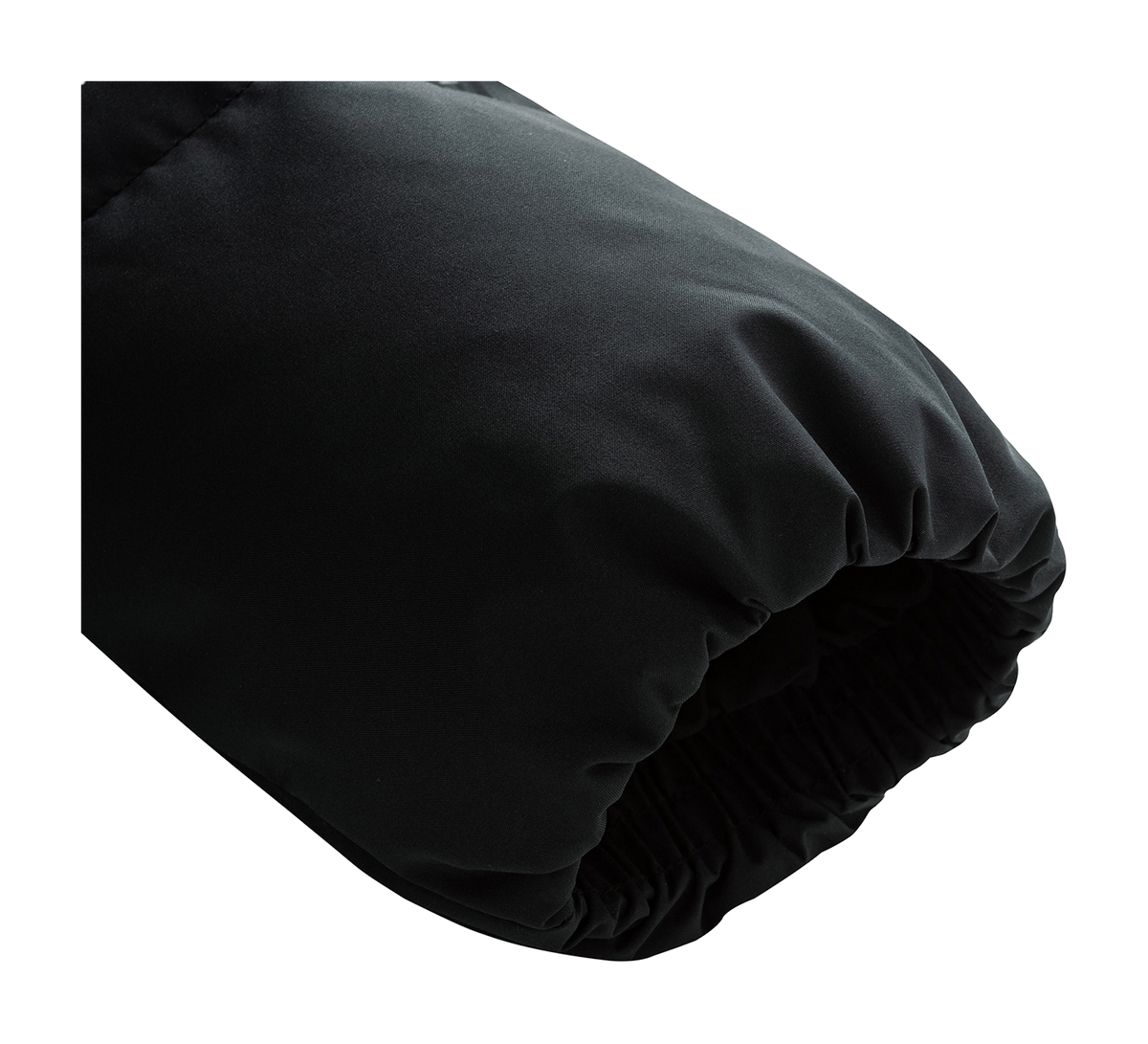 Black puffer down jacket sleeve cuff close-up with quilted fabric texture