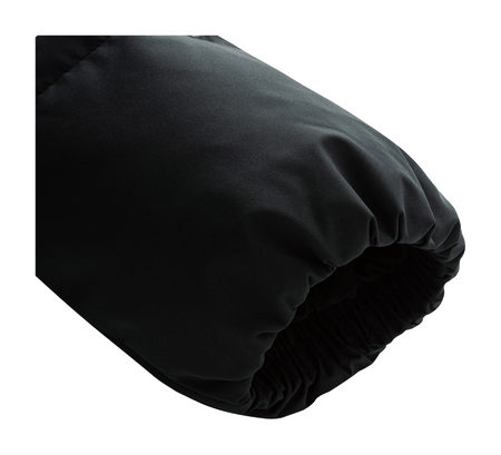 Black puffer down jacket sleeve cuff close-up with quilted fabric texture
