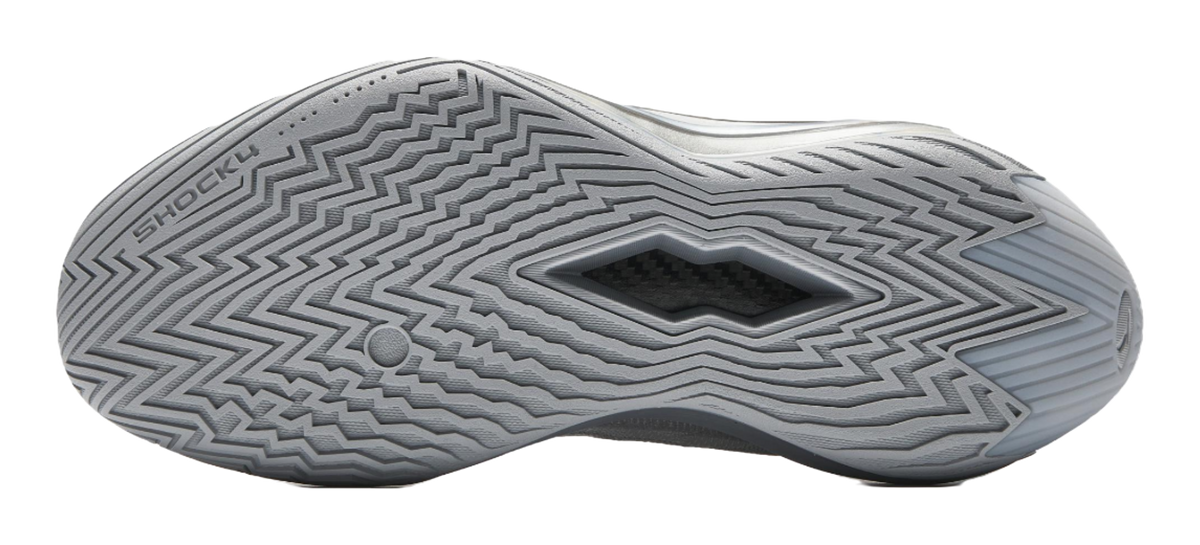 Metallic grey basketball shoe outsole, herringbone tread pattern
