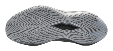 Metallic grey basketball shoe outsole, herringbone tread pattern