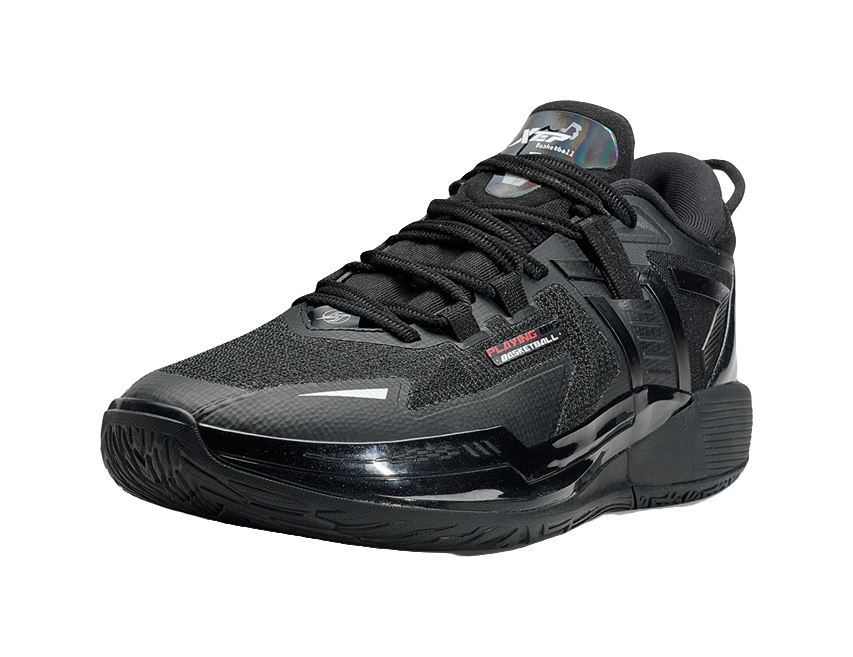 Black lace-up basketball sneaker with textured upper and cushioned sole