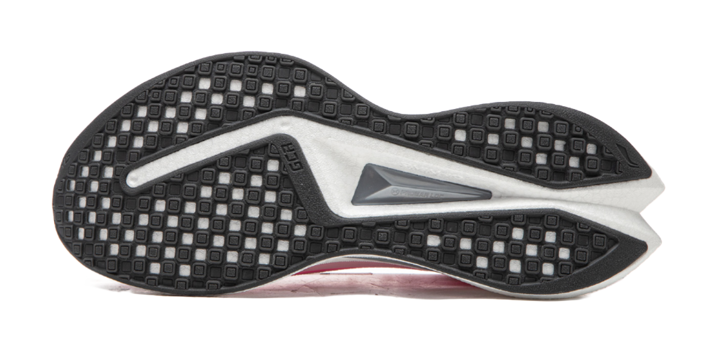 Outsole for pink running shoe with black tread pattern and gray center panel