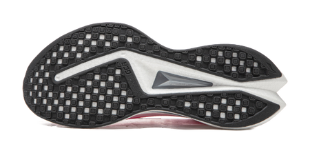 Outsole for pink running shoe with black tread pattern and gray center panel