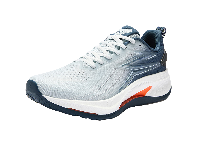 Men's low-top running shoes, light blue mesh with blue heel and orange side logo
