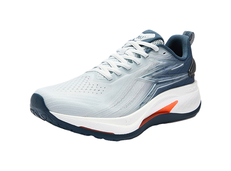 Men's low-top running shoes, light blue mesh with blue heel and orange side logo
