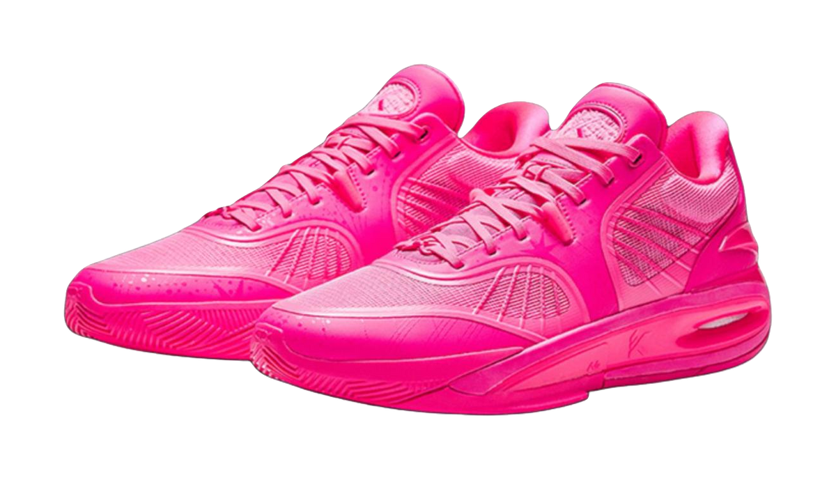 Pair of mid basketball shoes in bright pink-red with textured panels and lace-up uppers.