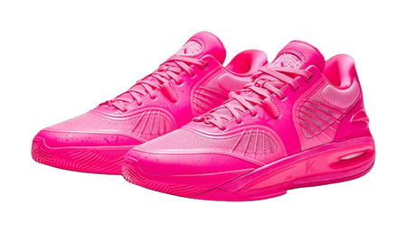 Pair of mid basketball shoes in bright pink-red with textured panels and lace-up uppers.