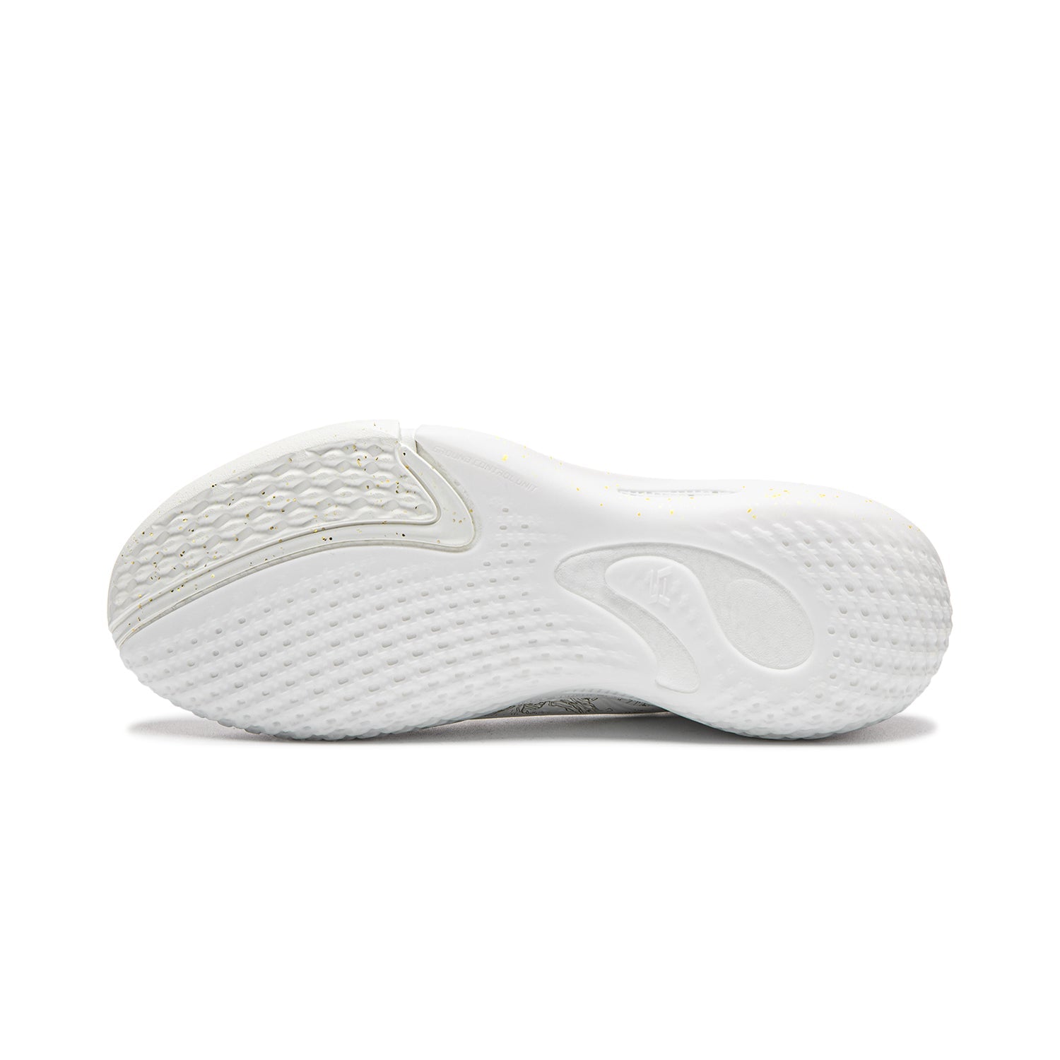 White basketball shoe outsole view with molded traction pattern and sculpted side grips