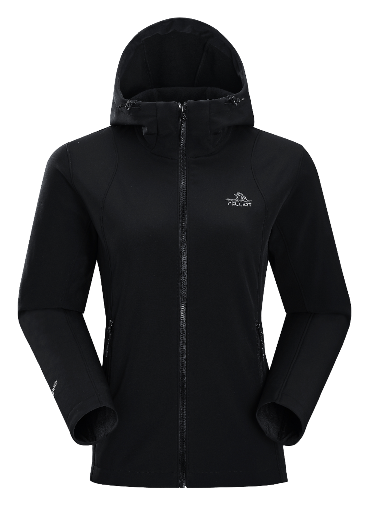 Women’s black soft shell jacket with full-zip and hood, long sleeves, front pockets