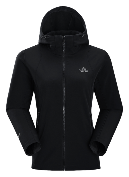 Women’s black soft shell jacket with full-zip and hood, long sleeves, front pockets