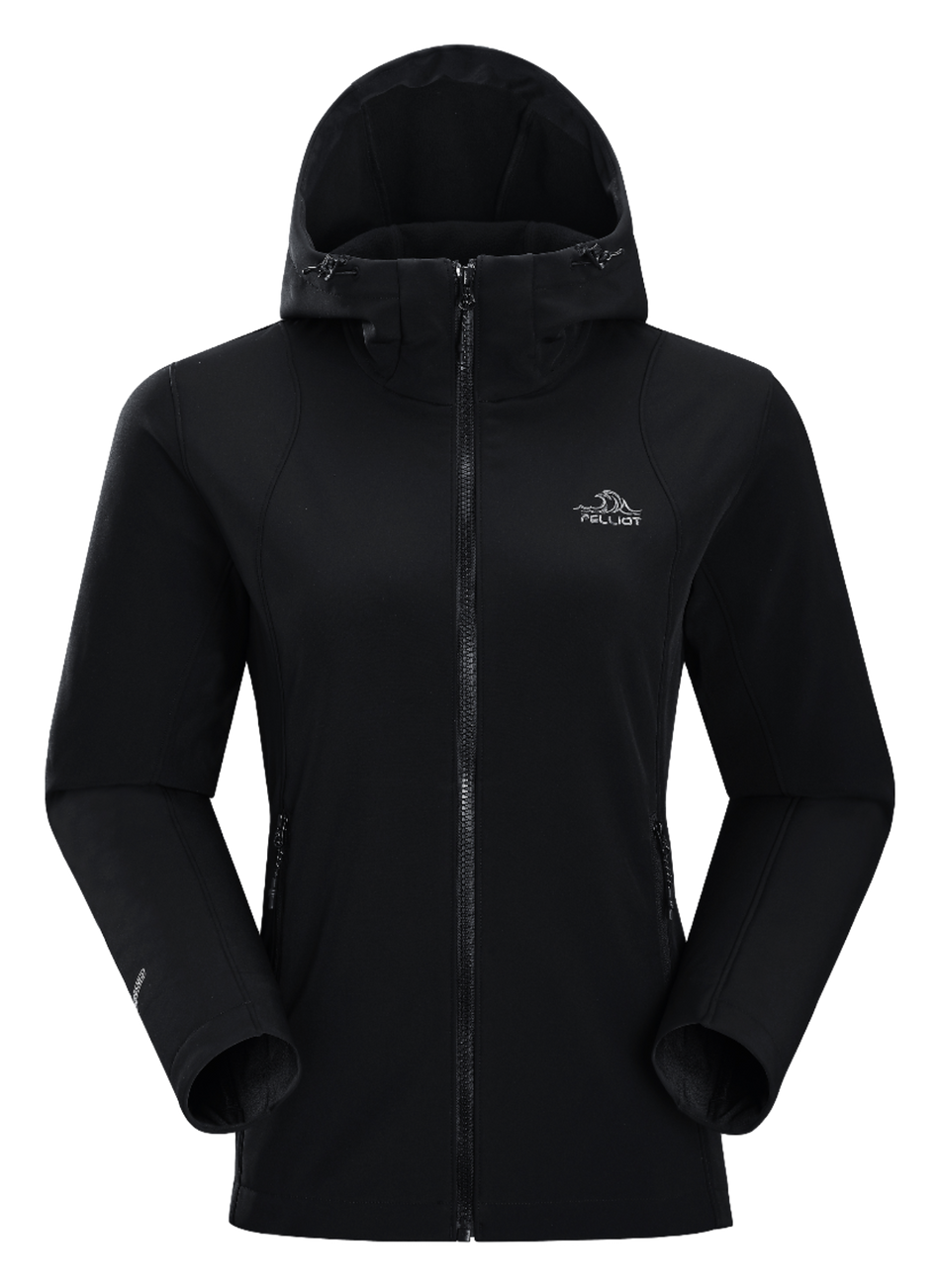 Women’s black soft shell jacket with full-zip and hood, long sleeves, front pockets