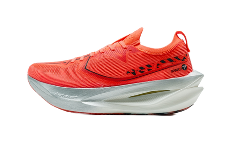 Women’s marathon racing shoe in orange with black details, cushioned sole.