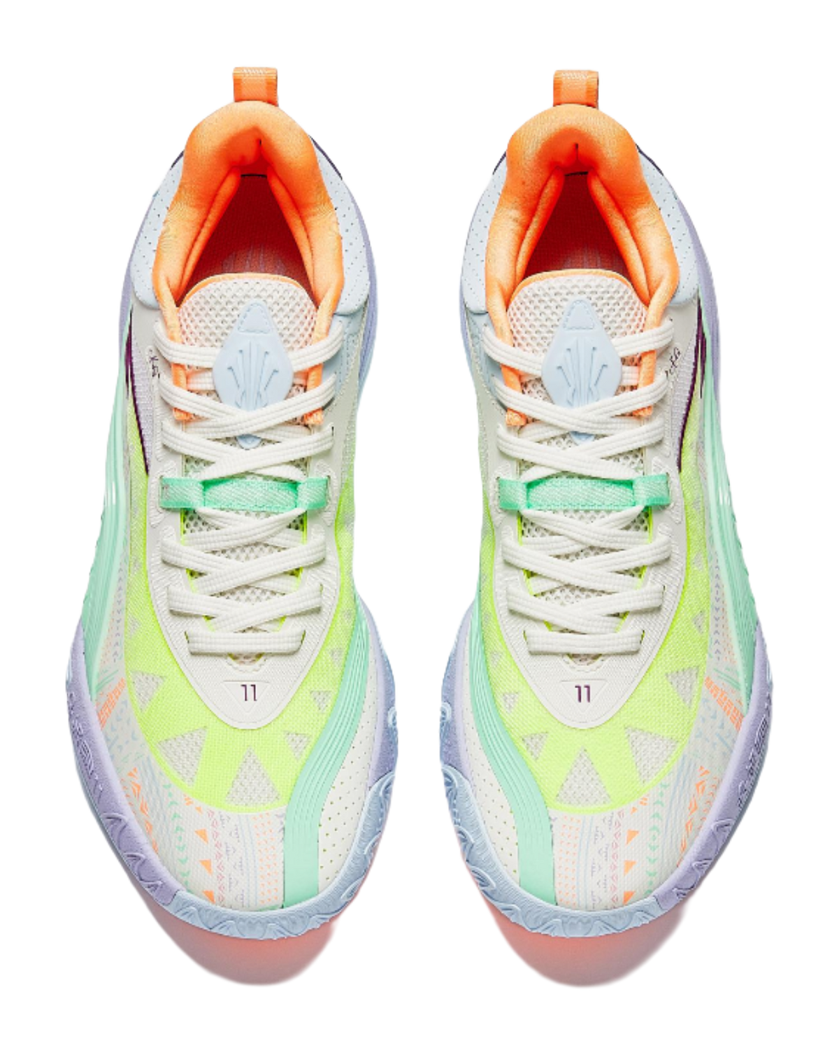 Pair of basketball shoes, white laces with green and orange detailing, light purple heel back