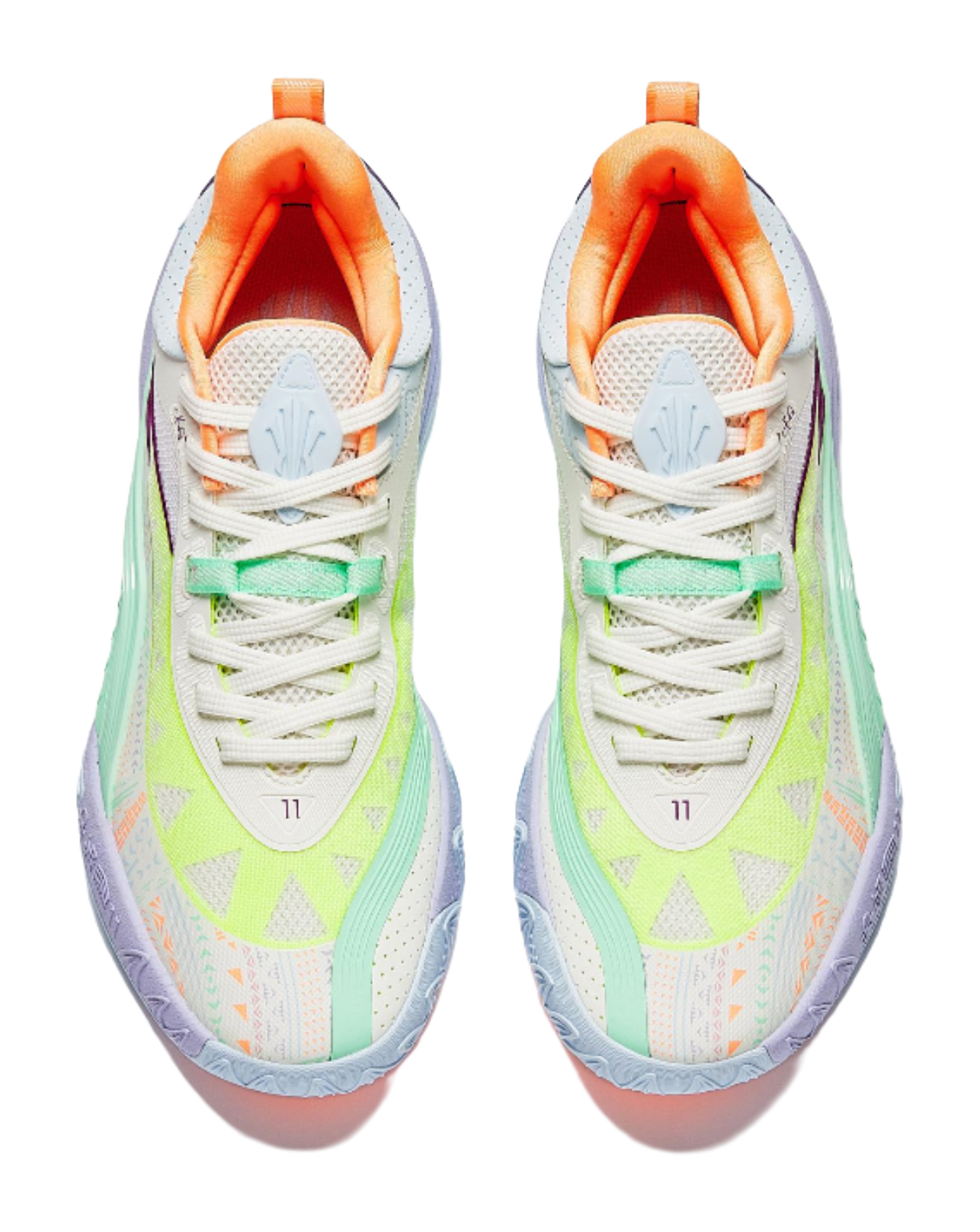 Pair of basketball shoes, white laces with green and orange detailing, light purple heel back