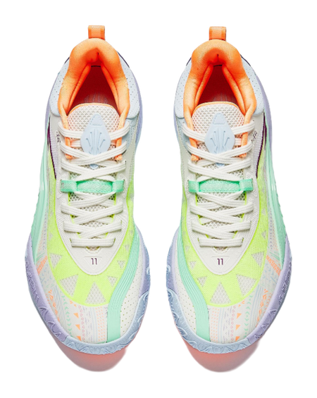 Pair of basketball shoes, white laces with green and orange detailing, light purple heel back