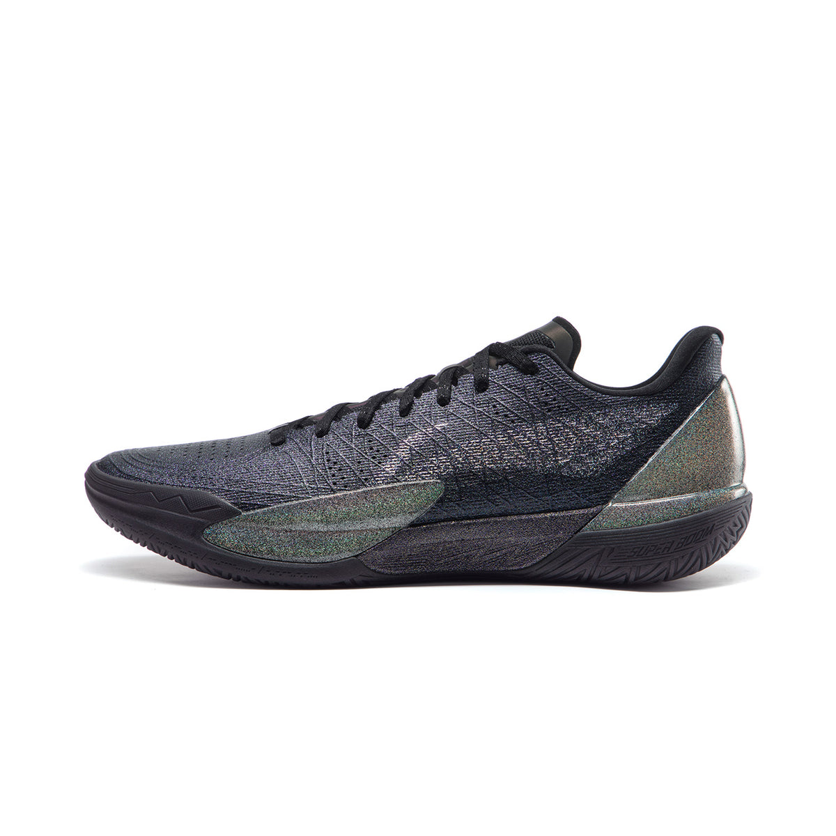 Li-Ning Gamma 2 low-top basketball shoe, black knit upper with lace-up and molded sole