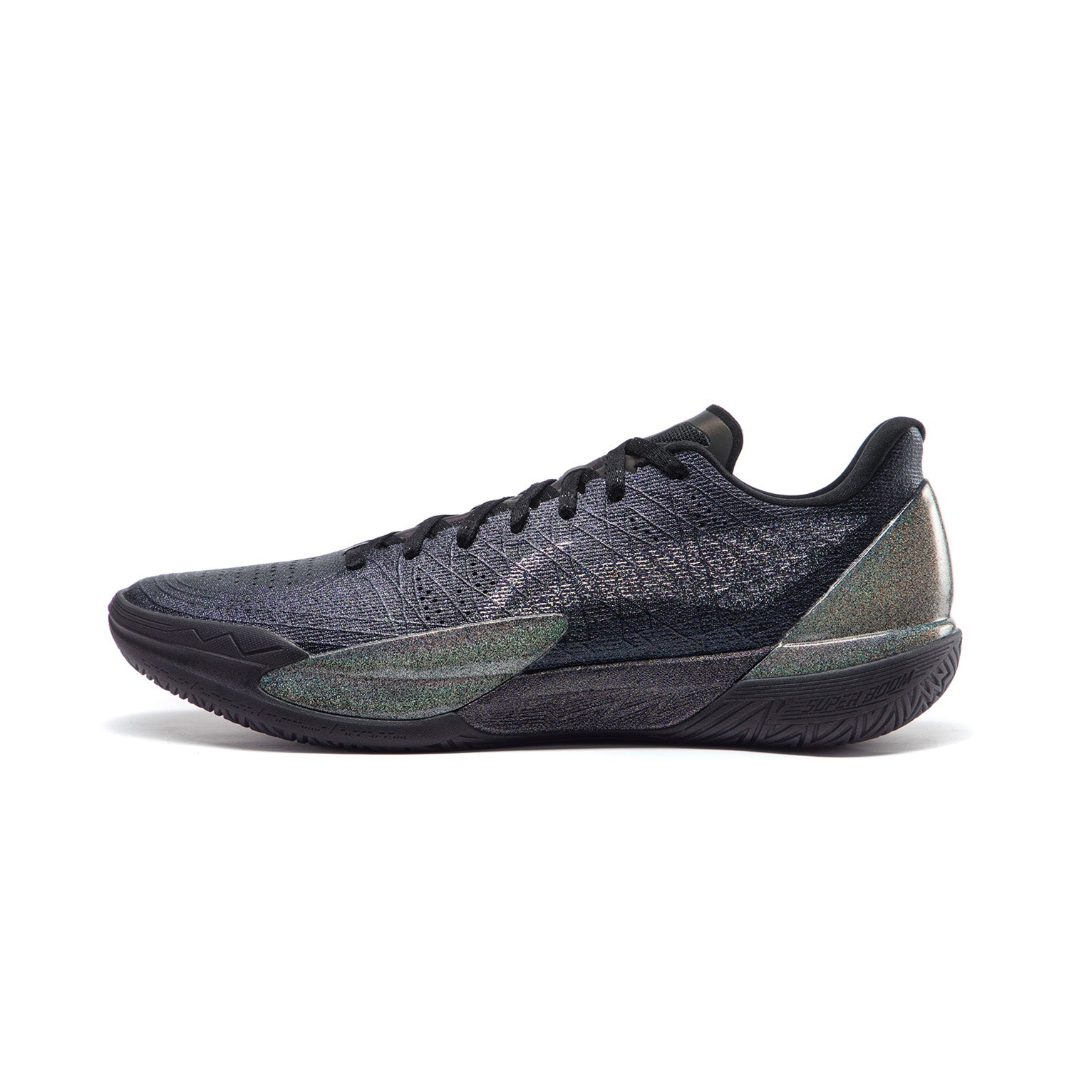 Li-Ning Gamma 2 low-top basketball shoe, black knit upper with lace-up and molded sole