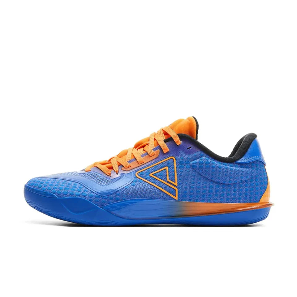 Blue basketball shoe with orange laces and black collar, rubber outsole